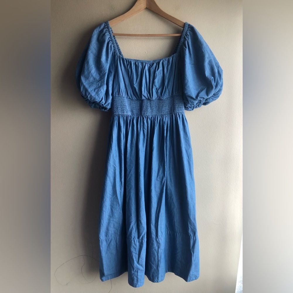 Jason Wu Puff Sleeve Chambray Blue Square Neck Midi Smocked Denim Dress Size 12